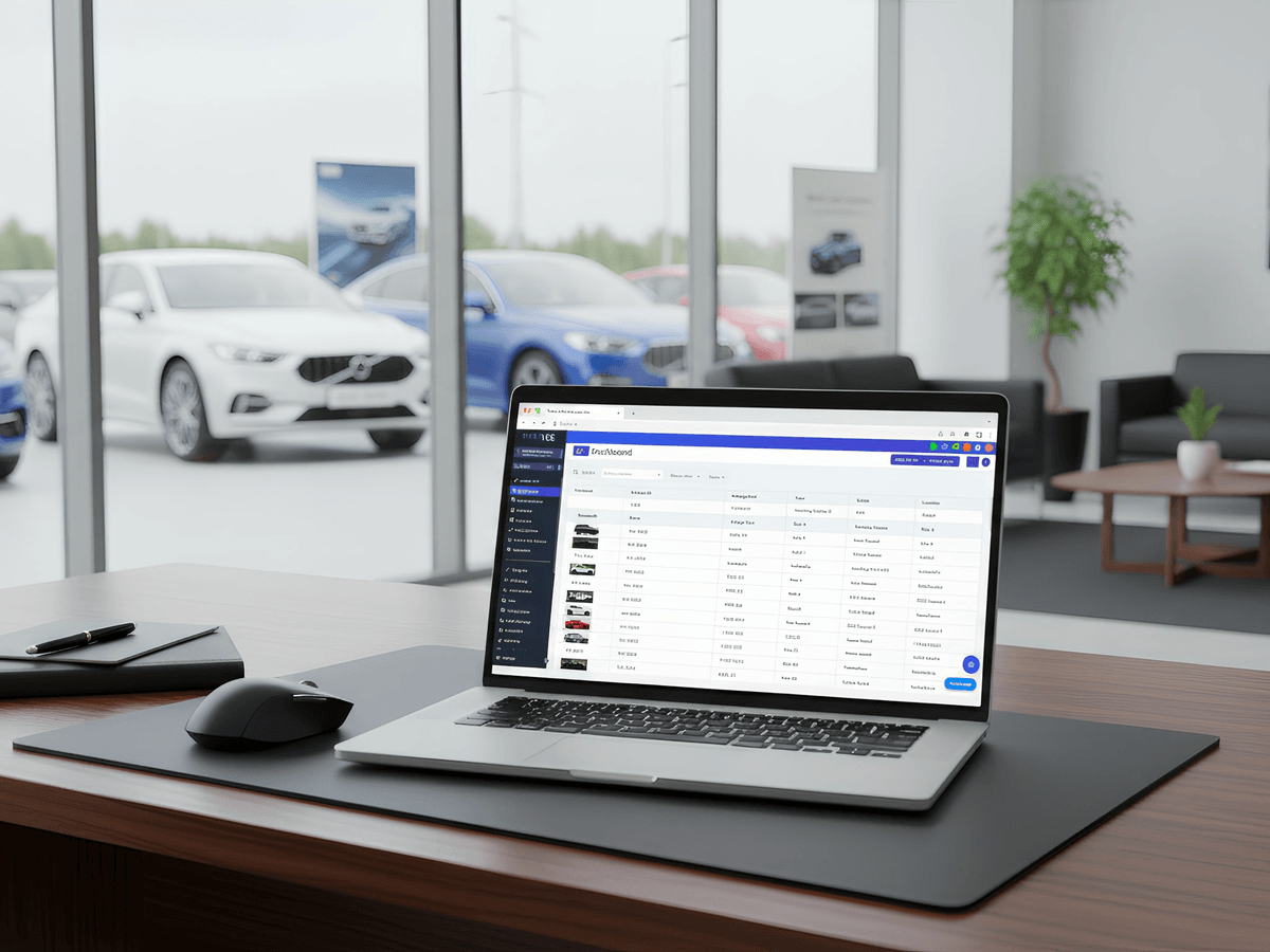 Laptop displaying automotive service management software on a desk, with a view of cars in a dealership background, illustrating Frayze Technologies' automotive automation solutions.